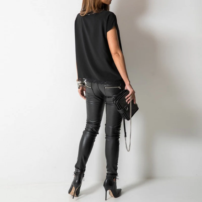 Sexy V-Neck Short Sleeve Tops For Woman Lace Patchwork Casual Shirt Women's Clothes Black Shirt Womens Blouses Summer Blusa