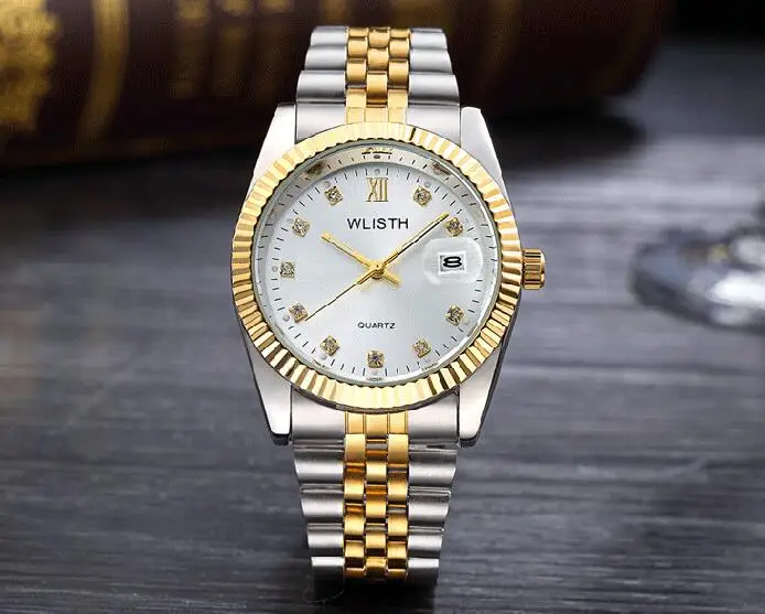 Gold White For Man WLISTH Топ Бренд роскошные золотые часы леди для мужчин Lover Полный нержавеющая сталь Кварцевые водонепроницаемые Мужские Аналоговые Авто Дата clcok - Цвет: Gold White For Man