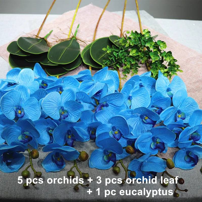 Индиго-(9 шт./лот) Настоящее прикосновение синий орхидеи современный цветок аранжирование с листьями свадебное событие центральный