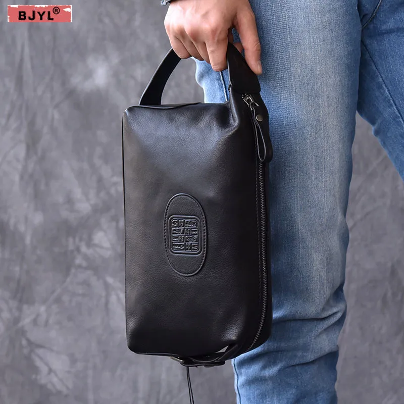

BJYL Retro style men's Genuine leather clutch bag Vintage men leather handbag large capacity hand bag
