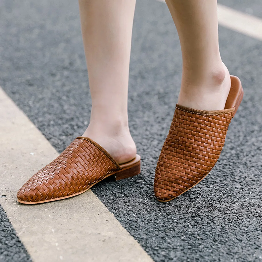 

Women Slippers Leather Weaving Pointed Toe Casual Gladiator Beach Shoes Slip-On Rome Style Sandals slides Flip Flop mujer