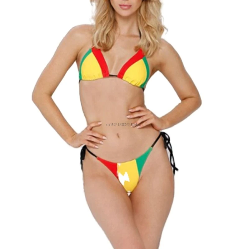 

Women Sexy Bikini Color Block Patchwork Colored Stripes Swimsuit Low Waist Side Tie Thong Halter Triangle Bra Backless Beachwear