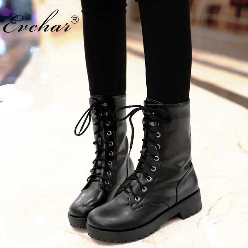 

New Handmade Autumn and Winter Lace Up Mid Calf Boots Women Chunky Heel Round Toe Motorcycle Low Heel Boots Large Size 34-43