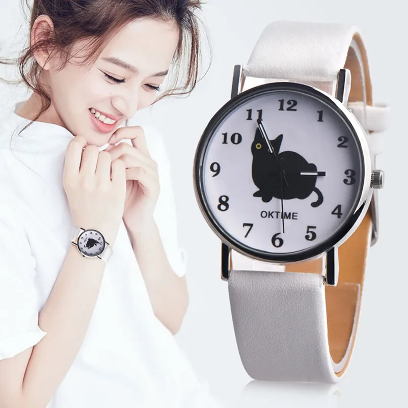 

2019 New OKTIME Womens Cute Cat Faux Leather Analog Quartz Watch Women Watches Bracelet Watch Ladies relogio feminino wholesale