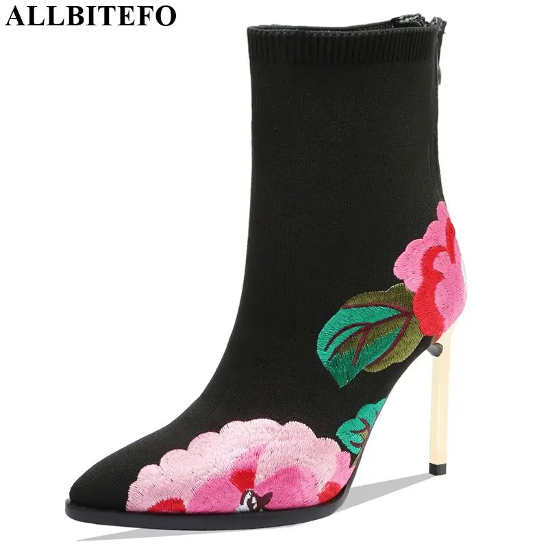 

ALLBITEFO High quality Knitting wool women boots Autumn Winter Embroidery pointed toe ankle boots comfortable fashion boots