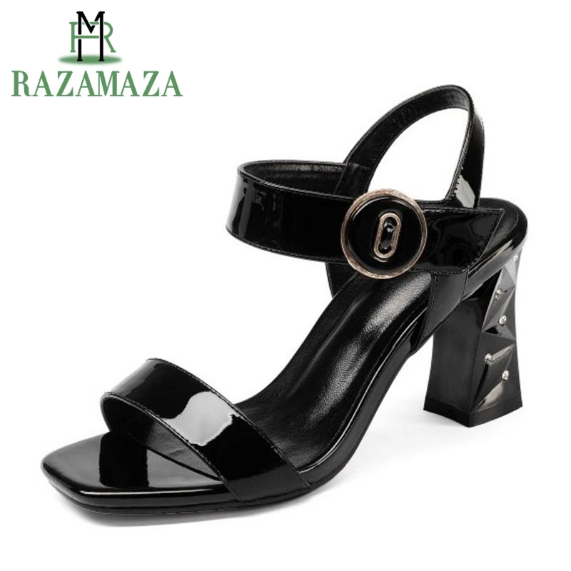

RAZAMAZA Office Genuine Leather High Heel Sandals Ankle Strap Open Toe Thick Heel Sandals Summer Vacation Shoes Size 33-40