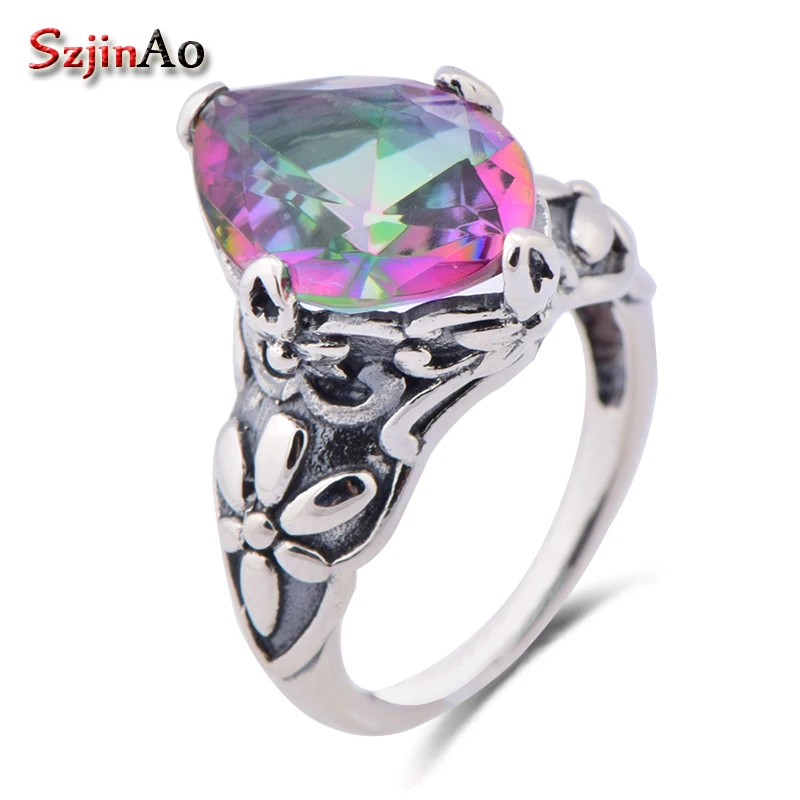 

Szjinao fashion border flowers fine antique jewelry replica mystic rainbow topaz women 925 sterling silver ring