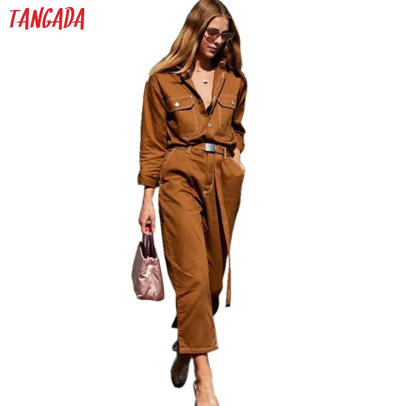 Tangada femmes Denim combinaison barboteuse à manches longues ceinture noir blanc 2019 dame Jeans combinaison Sexy femme Streetwear salopette 5A03
