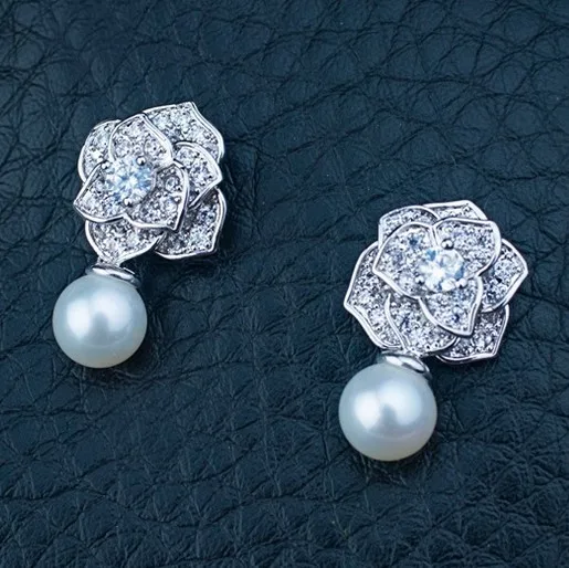 

Cultured Freshwater Pearl Earrings Stud 925 Sterling Silver Camellia Rose CZ Elegant Princess Birthstone Woman Girl Jewelry Gift