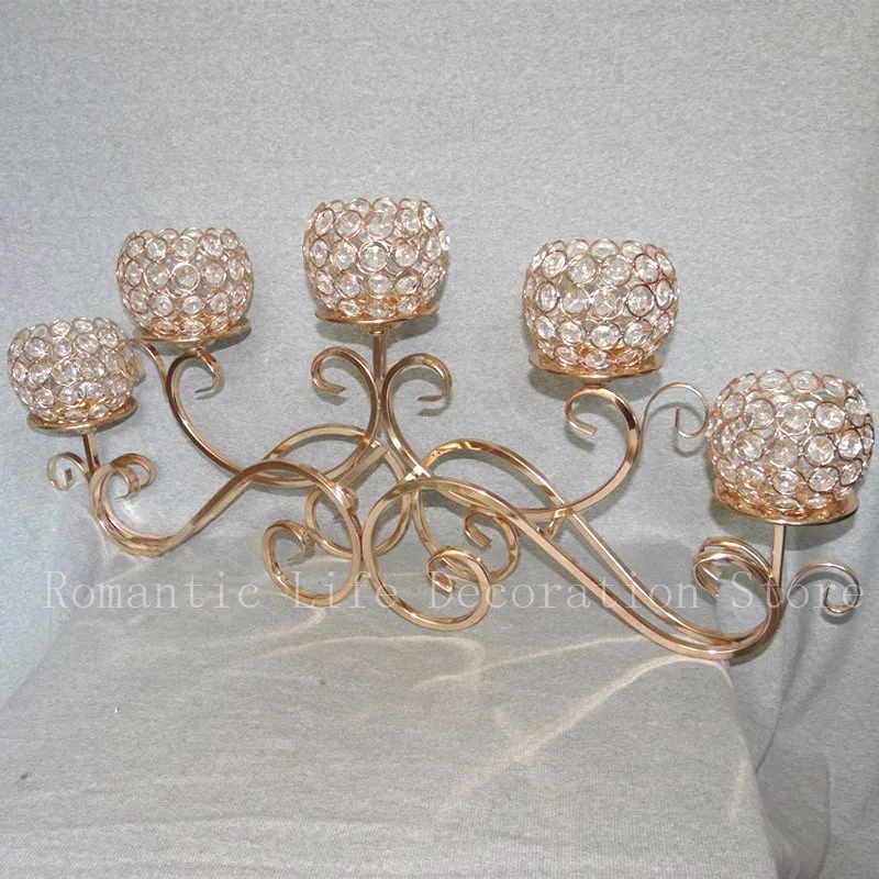 

one pcs Golden Plated Candle Holders 5-Arms With Crystals Stand Pillar Candlestick For Wedding Portavelas Candelabra