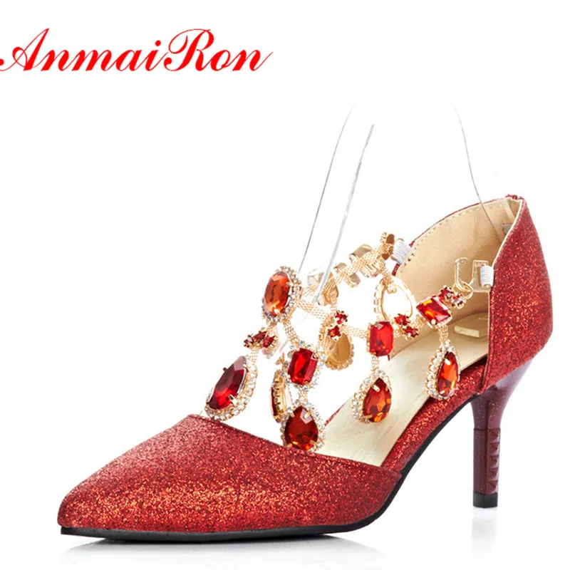 

ANMAIRON Silver Red Buckle Strap Women Pumps Pointed Toe Thin Heels Crystal Large Size34-43 Shallow Party Dress Shoes Women