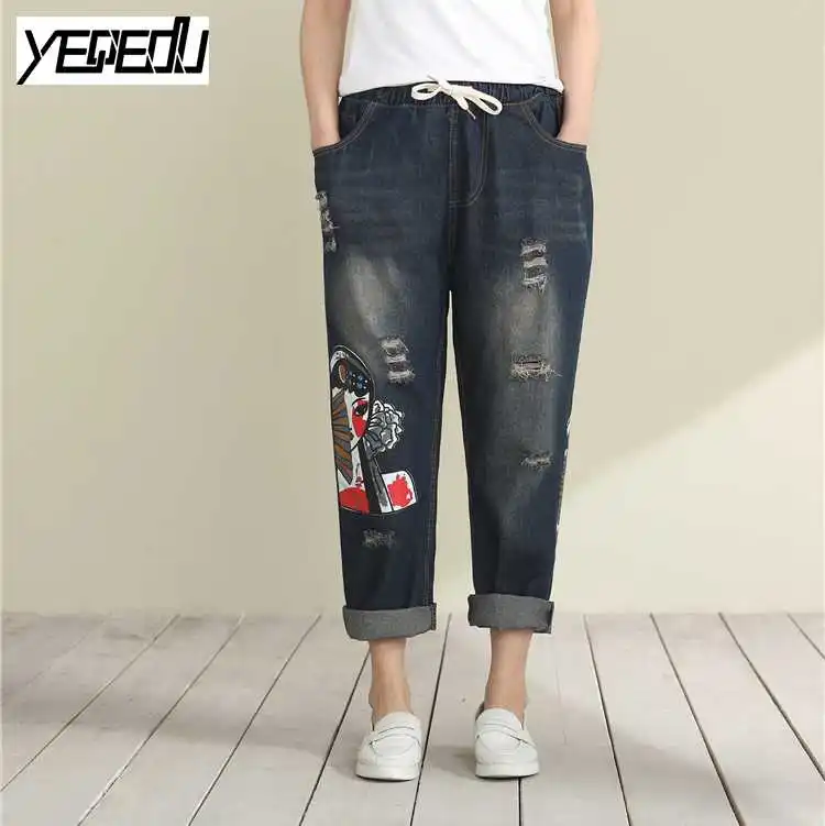1745 2017 Jeans elastic waist Ripped Fashion Big size jean boyfriend femme Plus size Loose