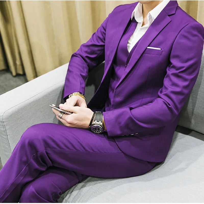 Мужские 3 предмета(куртка+ жилет+ брюки), мужские деловые костюмы, приталенные костюмы, одноцветные свадебные костюмы жениха, верхняя одежда 4XL 5XL 6XL - Цвет: purple