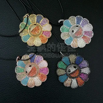 

N053117 17" Mixed Color Micro Pave Flower Pendant Black Leather Necklace