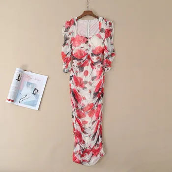 

European and American women's fashion 2019 spring new style Long-sleeve rose print Pressure plait Net yarn Slim dress