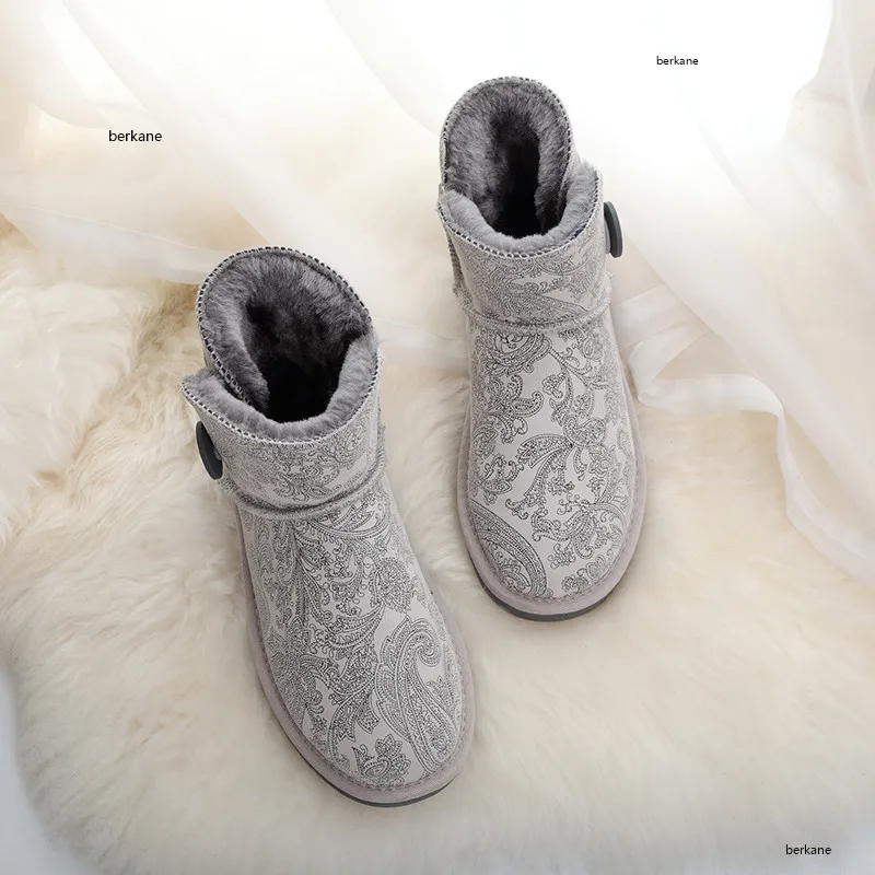 Зимние ботильоны из натуральной кожи; цвет золотой; водонепроницаемые; кнопки для меха; коллекция года; плюшевая женская зимняя теплая обувь; зимние ботинки на плоской подошве; 48 - Цвет: gray