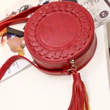 Женские Сумки из искусственной кожи на плечо мини женская круглая тканая сумка через плечо с кисточками Сумки на шнурке