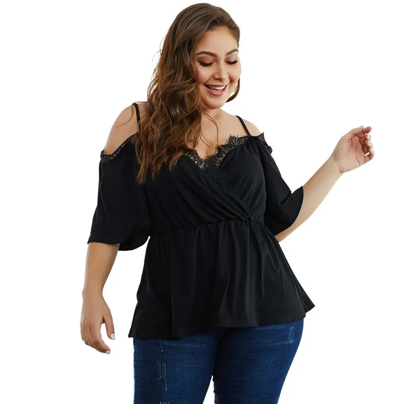 Autumn Blouse Shirts Women Tops Female Plus Size 4XL Black Shirt Blusas Lace Patchwork Strap Hollow Out Summer Blouses A040
