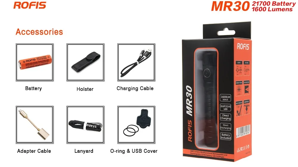 Rofis MR30 CREE XHP35 HI 1600 люмен micro-USB Перезаряжаемый СВЕТОДИОДНЫЙ фонарик