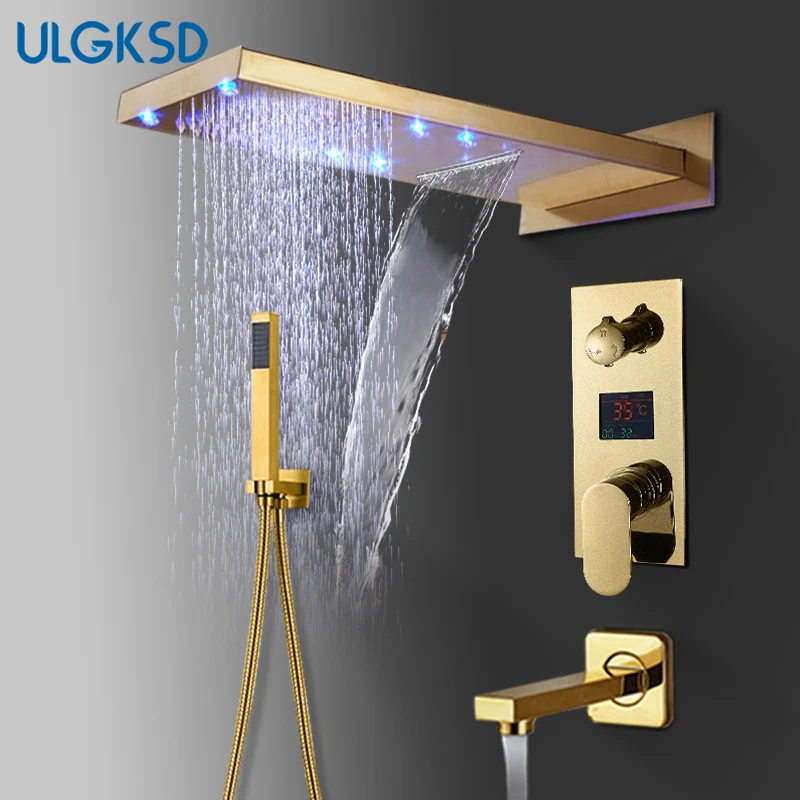 ULGKSD смеситель для душа в ванную, светодиодный, золотой, латунный, водопад, дождевая насадка для душа, настенное крепление, смеситель для горячей и холодной воды