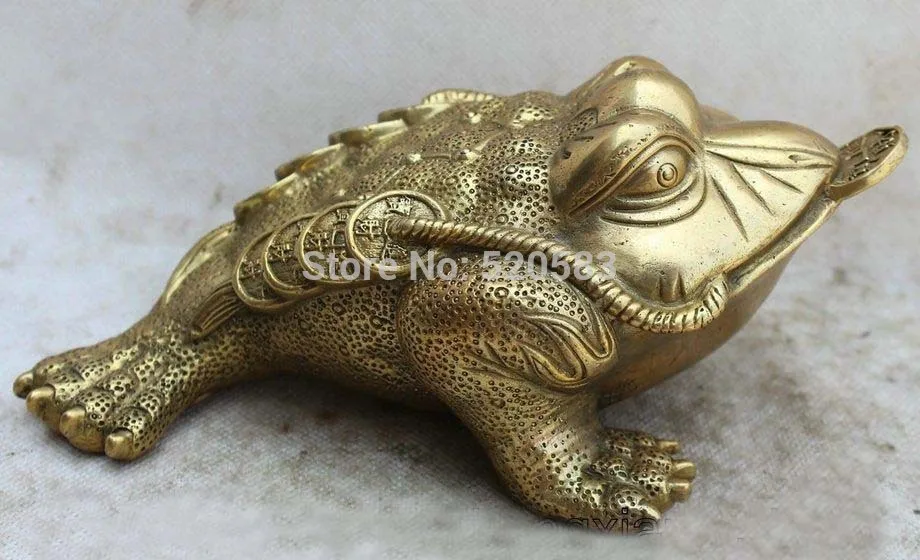 

7.5" Chinese Brass Feng Shui Cion Money wealth Golden Toad Spittor Statue