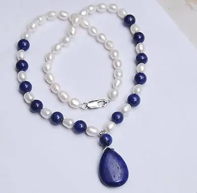 

Free Shipping >> new hot Rare Natural 7-8MM White Akoya Pearl / Lapis Lazuli Pendant Necklace 18" AA