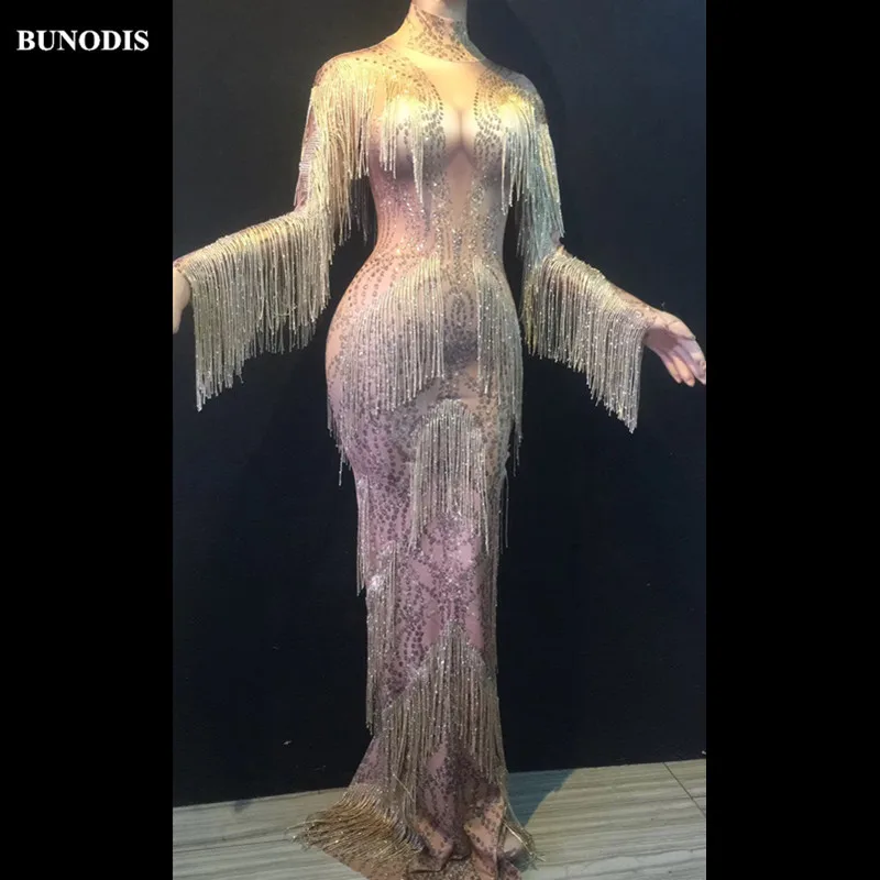 

ZD44903 Women Sexy Gold Tassel Long Skirt Simple Version Material Spandex Sparkle Crystals Nightclub Birthday Party Costumes