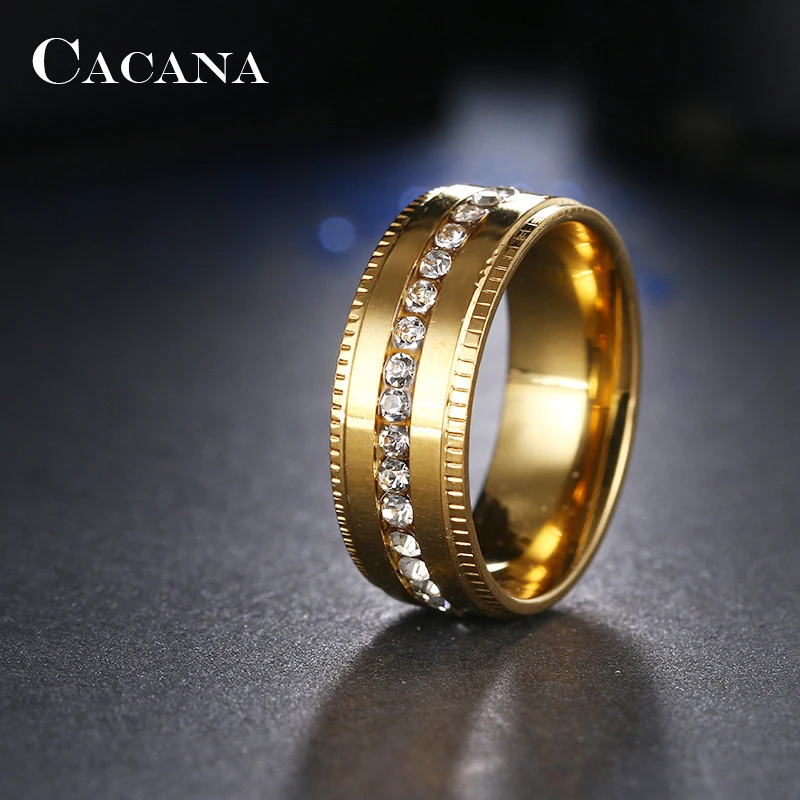 CACANA Stainless Steel Rings For Women Embossed Double Side With CZ Fashion Jewelry Wholesale NO.R100