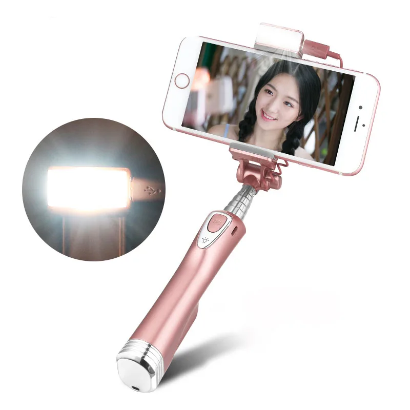 

Universal Fill Light Selfie Stick Monopod w/ Rear Mirror,led Light and Bluetooth Remote Shutter for iPhone for Samsung phone