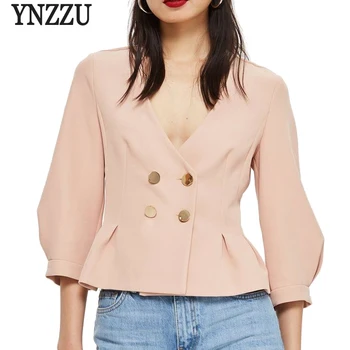 

YNZZU Sexy V Neck Short Blazer Women 2018 Autumn Pink Gray Double Breasted Slim Lantern Sleeve Elegant Female Blazer Coat YO682