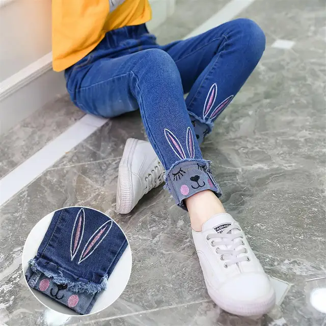 Spring Autumn Children Long Pants 2018 New Slim Skinny Girls Jeans Cute Rabbit Casual Kids Jeans for Girl Toddlers Teens Trouser