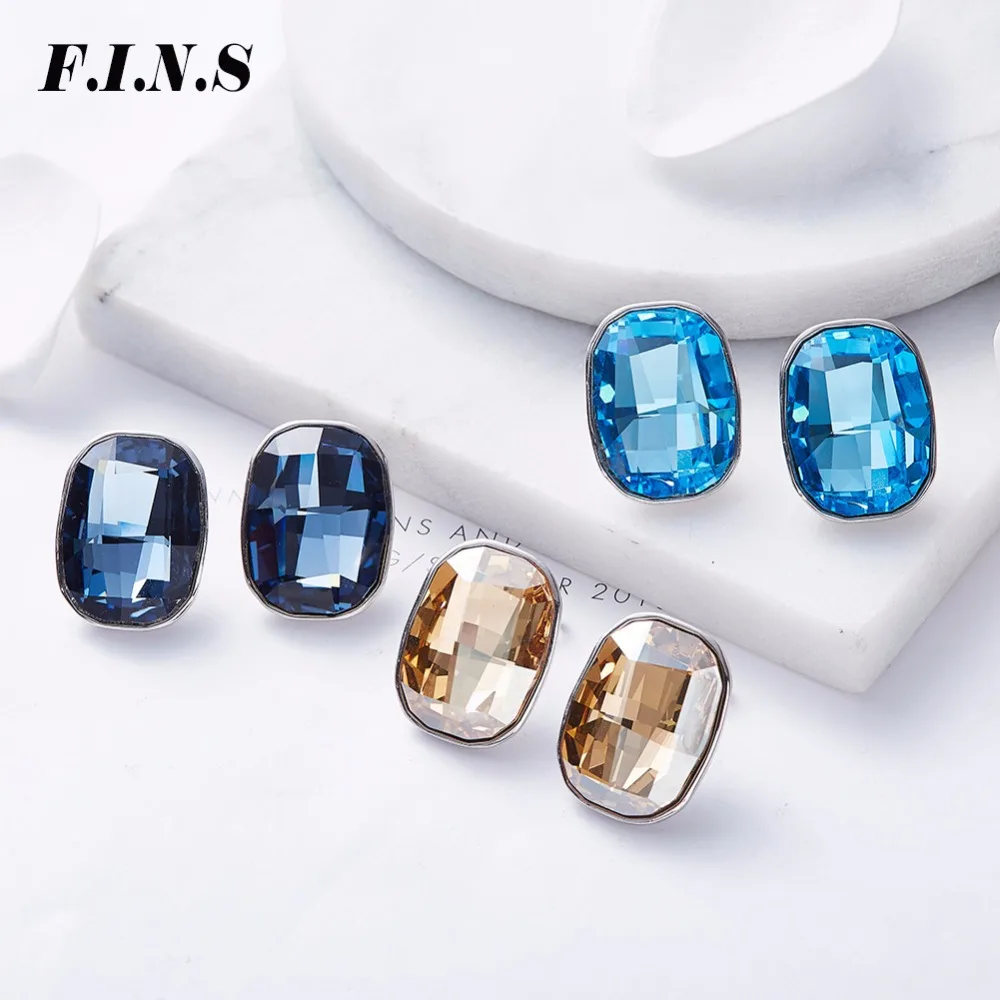 

F.I.N.S Big Square Crystal Stud Earrings 925 Sterling Silver Earring Simple Dazzling Crystals from Austrian Wedding Fine Jewelry