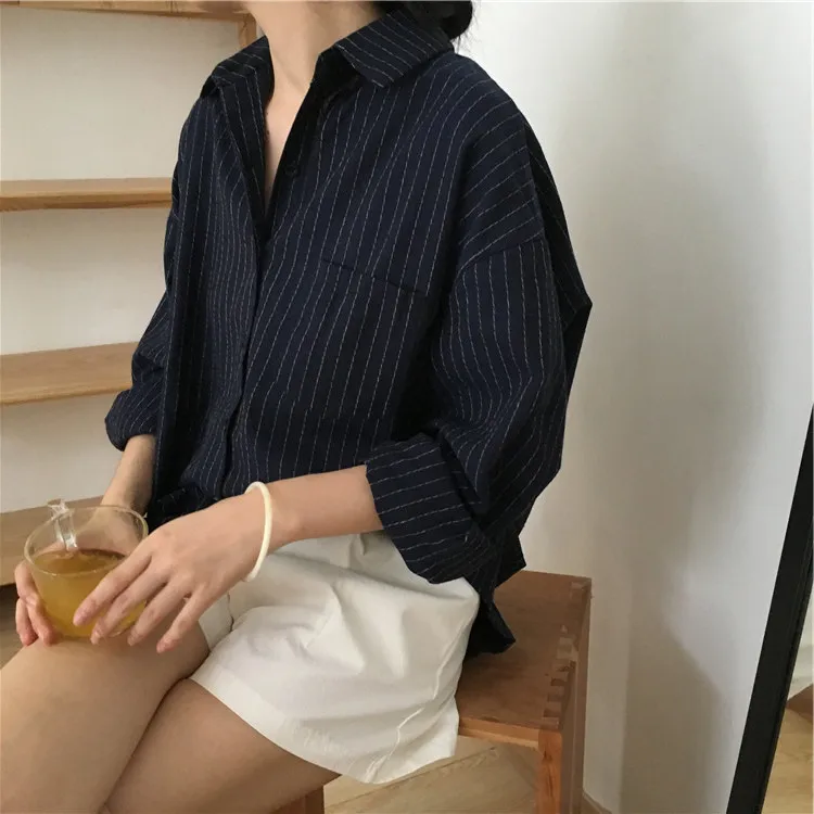 Весенне-осенние женские рубашки, женские рубашки в полоску, офисные женские стильные рубашки, одноцветные модные блузы с длинным рукавом 6703 50