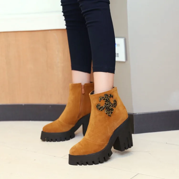 

Big Size 11 12 13 Ma'am Coarse heel Short boots Pure color Sequins decoration Suede high-heeled boots