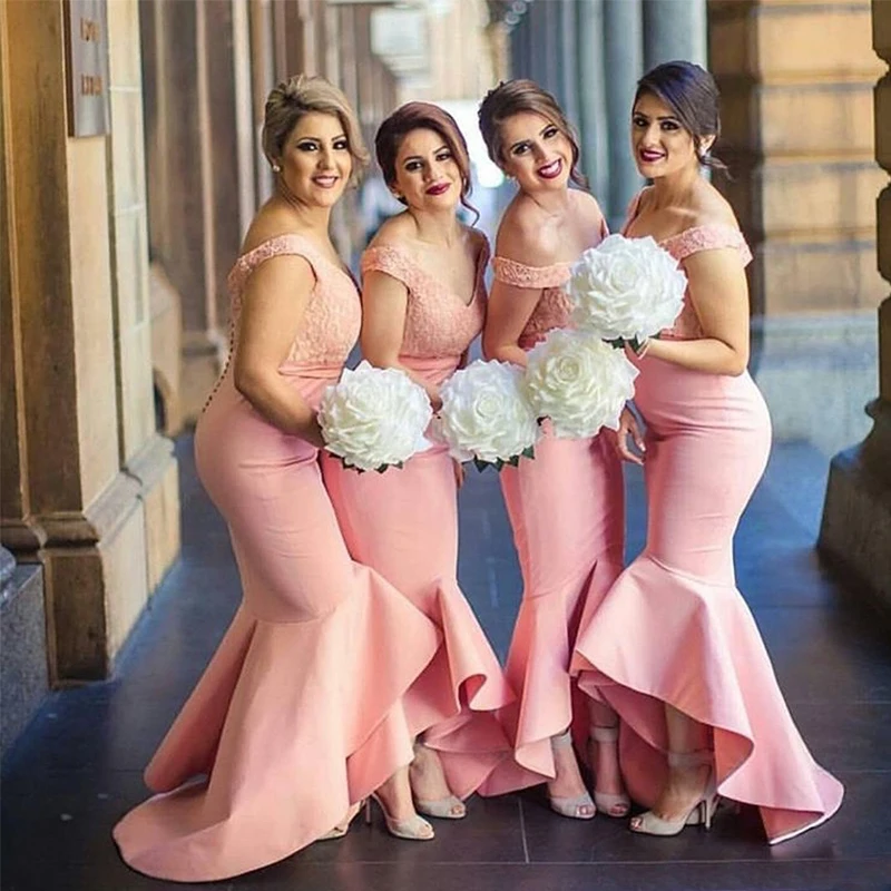 Розовые платья подружек невесты Русалка Стиль Аппликации Сатиновые Свадебные платья до лодыжек платье подружки невесты