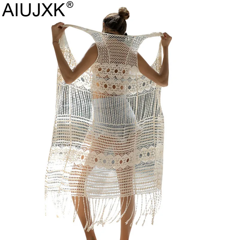 

AIUJXK 2019 Summer Beach Style Hollow Out Long Cardigan Women Sleeveless Loose Casual Knitted Smock Tassel Blouse Coat Female