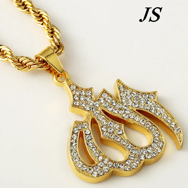 

JS Punk Rock Male Bling 100% 24K Gold Plated Long Collier Muslim Allah Necklace Dancer Bar Hip Hop Islamic Jewelry HN036