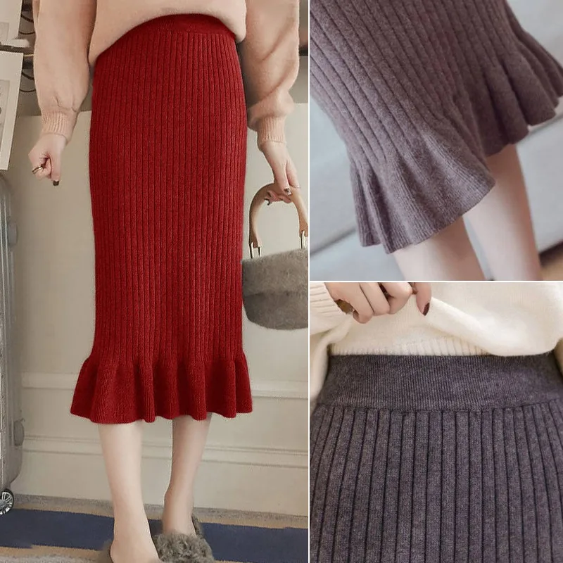 ELEXS Women's Winter Knitting Line Fishtail Skirt Package Hip Brunette Skirts Sweater Pencil Skirt Sexy Female E1122