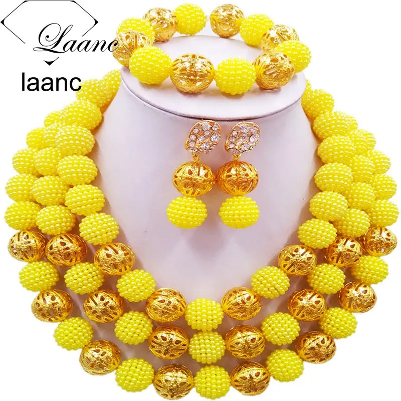 Laanc женские модные африканские бусы комплект ювелирных изделий черное ожерелье нигерийский Свадебный комплект ювелирных изделий 3CZJ003 - Окраска металла: Yellow