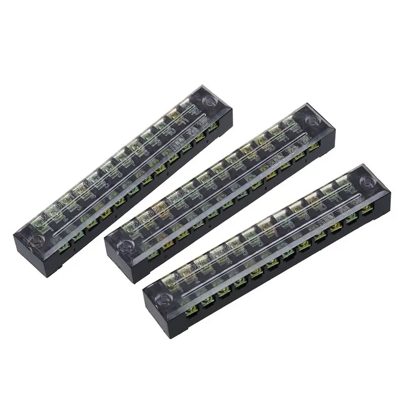 

3 Pcs 600V 15A 12 Positions Dual Rows Covered Barrier Screw Terminal Block Strip