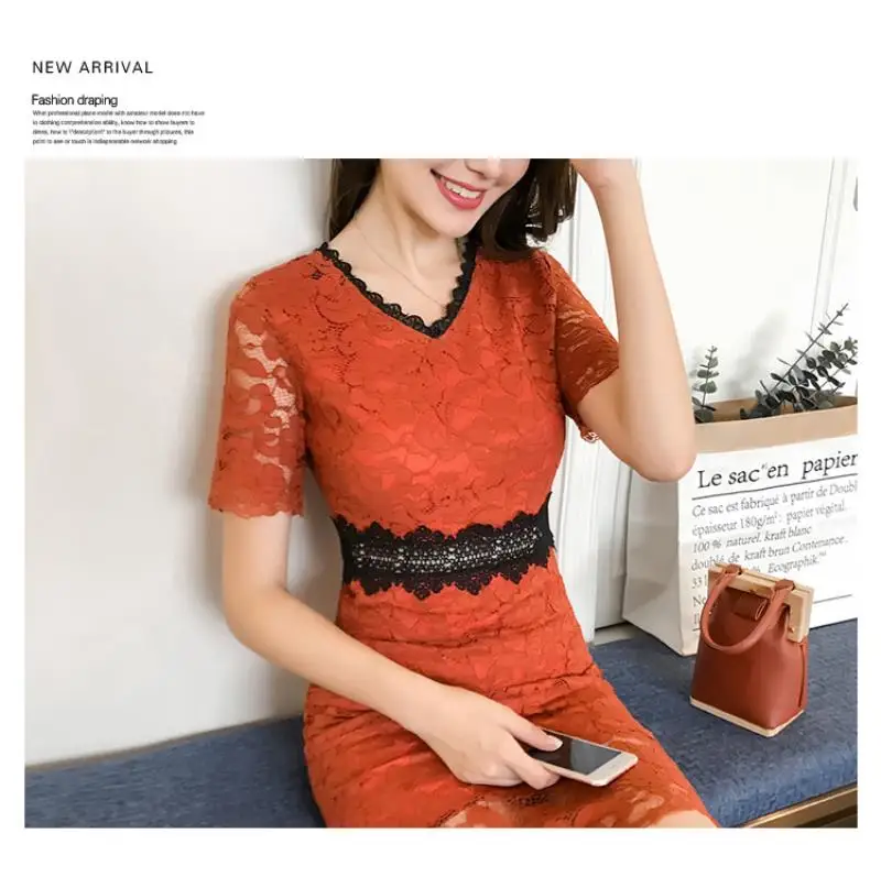 2018 New Red Blue Spring Summer Lace Women dress Short Sleeve Slim Collect Waist In Long Dresses S-XL