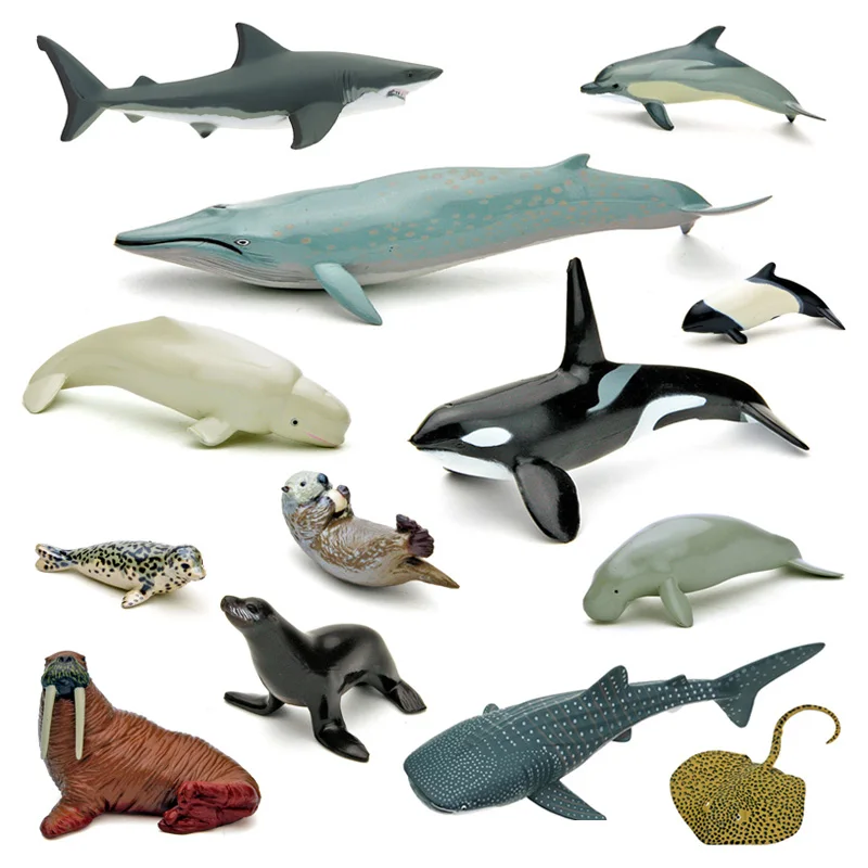

Original 14 pcs Sea life Sea Otter Cowfish Dugong Walrus Manatee shark devil rays animal model Figurine kids collectible toys