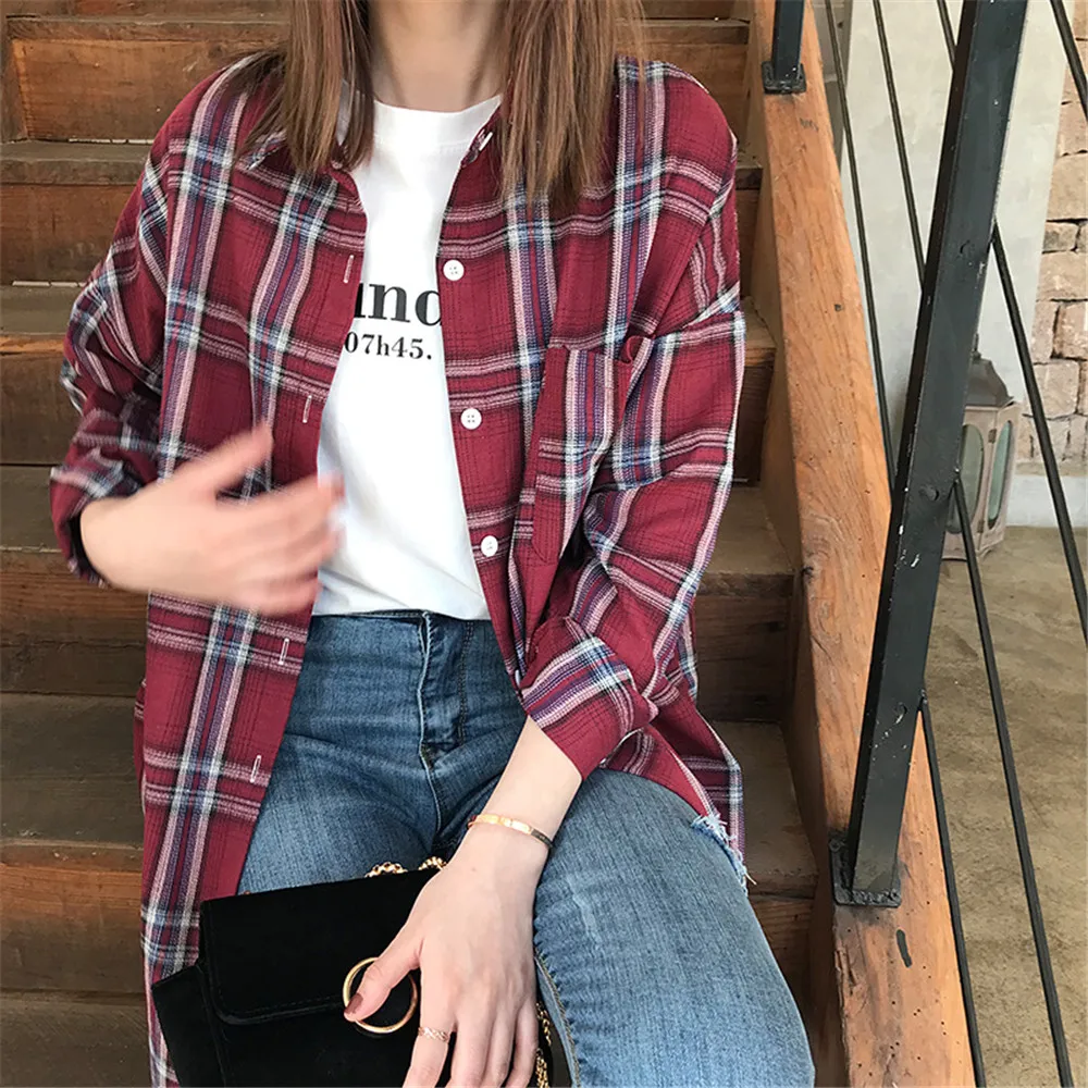 Autumn Boyfriend Style Women Blouse 2018 All Occasion Match casual College shirt long sleeve turn-down collar Plaid Office Shirt (28)