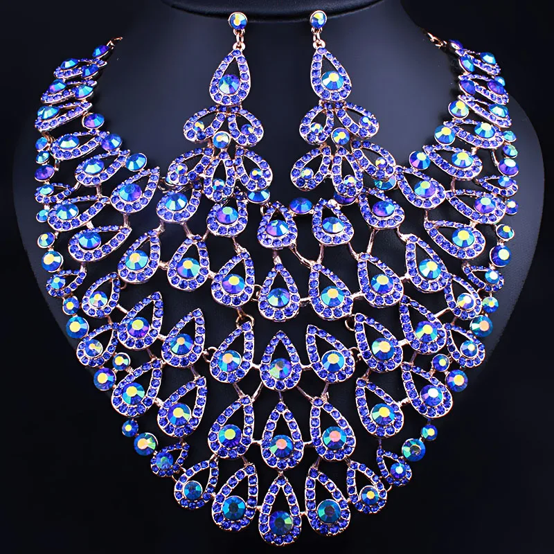 Luxury Full Crystal Rhinestones Big Peacock Tail Shape Necklace