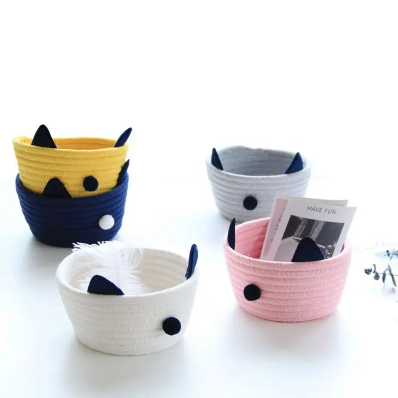 

Cute Cat Ears Desktop Storage Basket Cotton Rope Organizer Home Storage Basket Jewelry Cosmetics Sundries Snack Storage Box