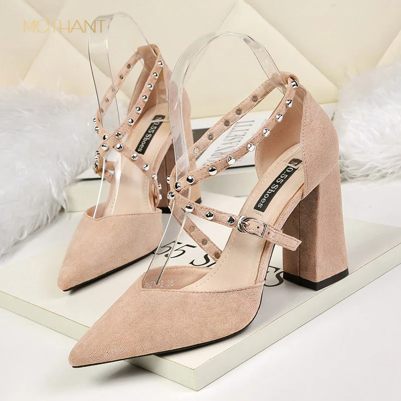 

Europe and America sexy pointed shallow mouth sandals cross strap temperament high heels thick with wild simple women's shoes
