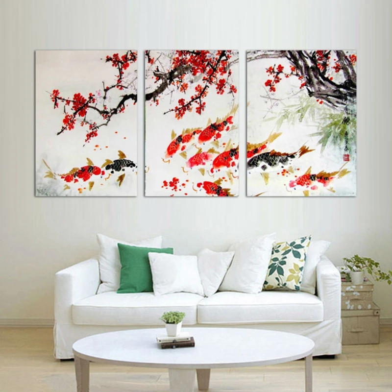 HD печатные модульные картины рамка живопись для комнаты дома стены Искусство Декор 3 шт. вишневый цвет Koi холст с рыбой абстрактный плакат
