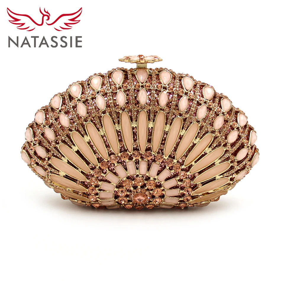 NATASSIE Women Clutch Lady Evening Bags Shell Shape Crystal Bag Pink