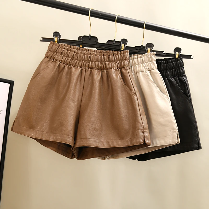 

Khaki PU Leather Shorts Women High Quality Wide Leg Faux Leather Shorts High Waist Shorts For Women Autumn Loose PU Shorts