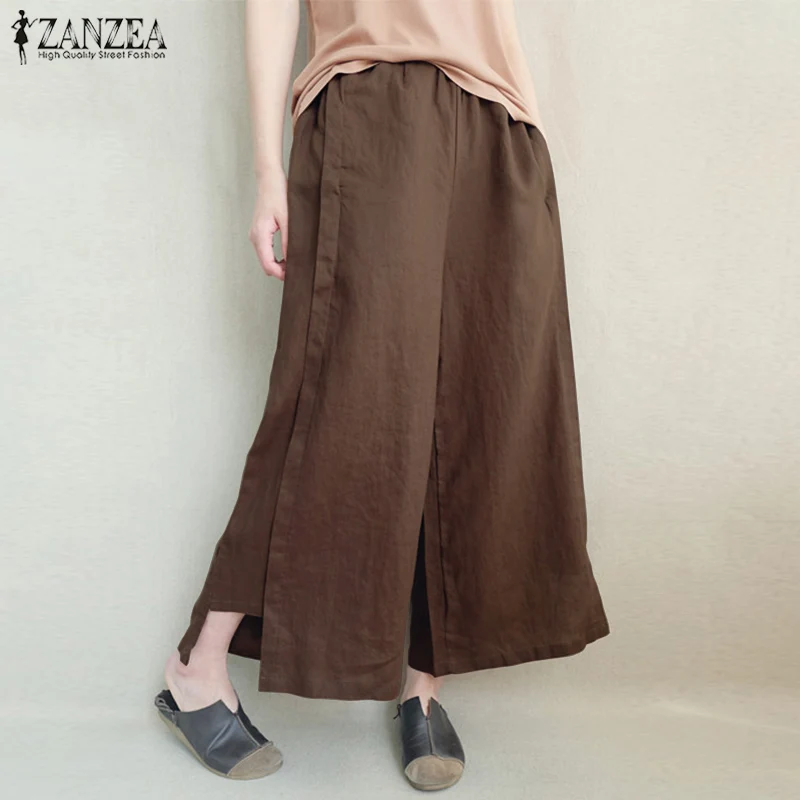 5XL ZANZEA, женские широкие брюки, летние, повседневные, эластичная талия, хлопок, лен, свободные панталоны, расклешенные брюки, уличная одежда размера плюс